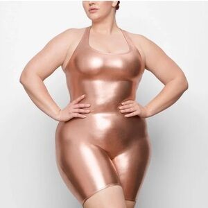 NEW SKIMS Metallic Swim Cycle Suit Champagne Shorty Bodysuit Onesie 3X Plus